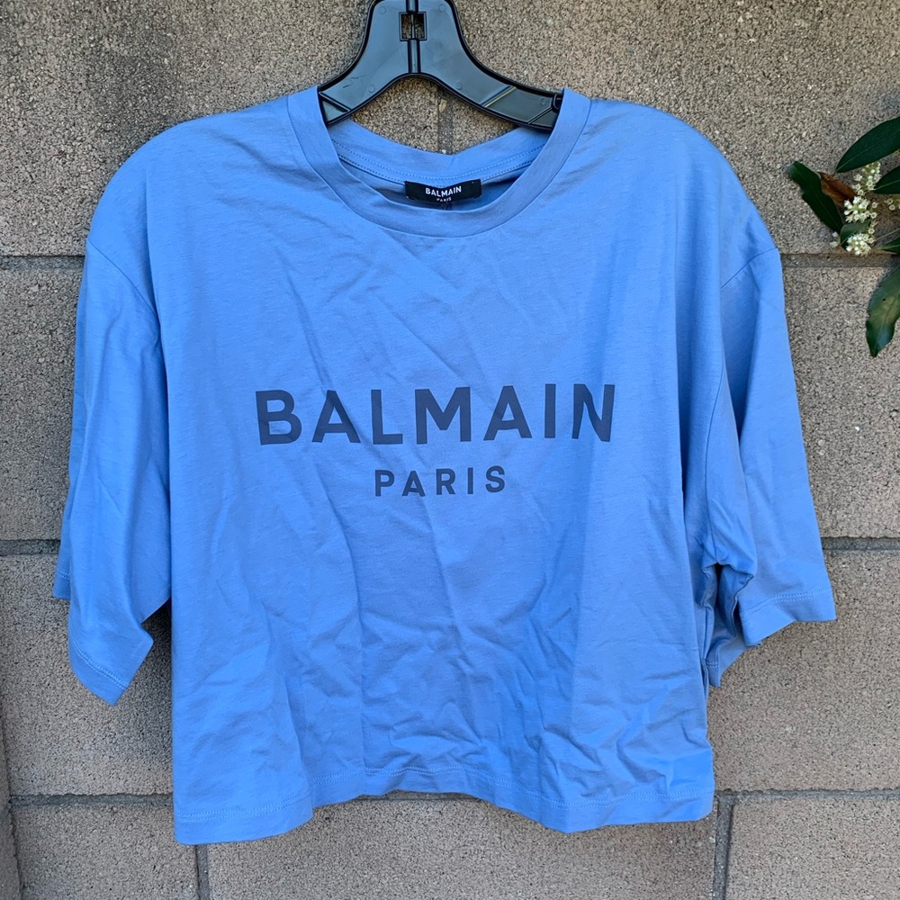 NEW BALMAIN Cropped Tshirt in Blue